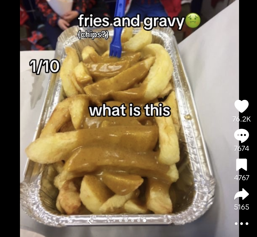 British chips and gravy in a aluminum tray in a TikTok video